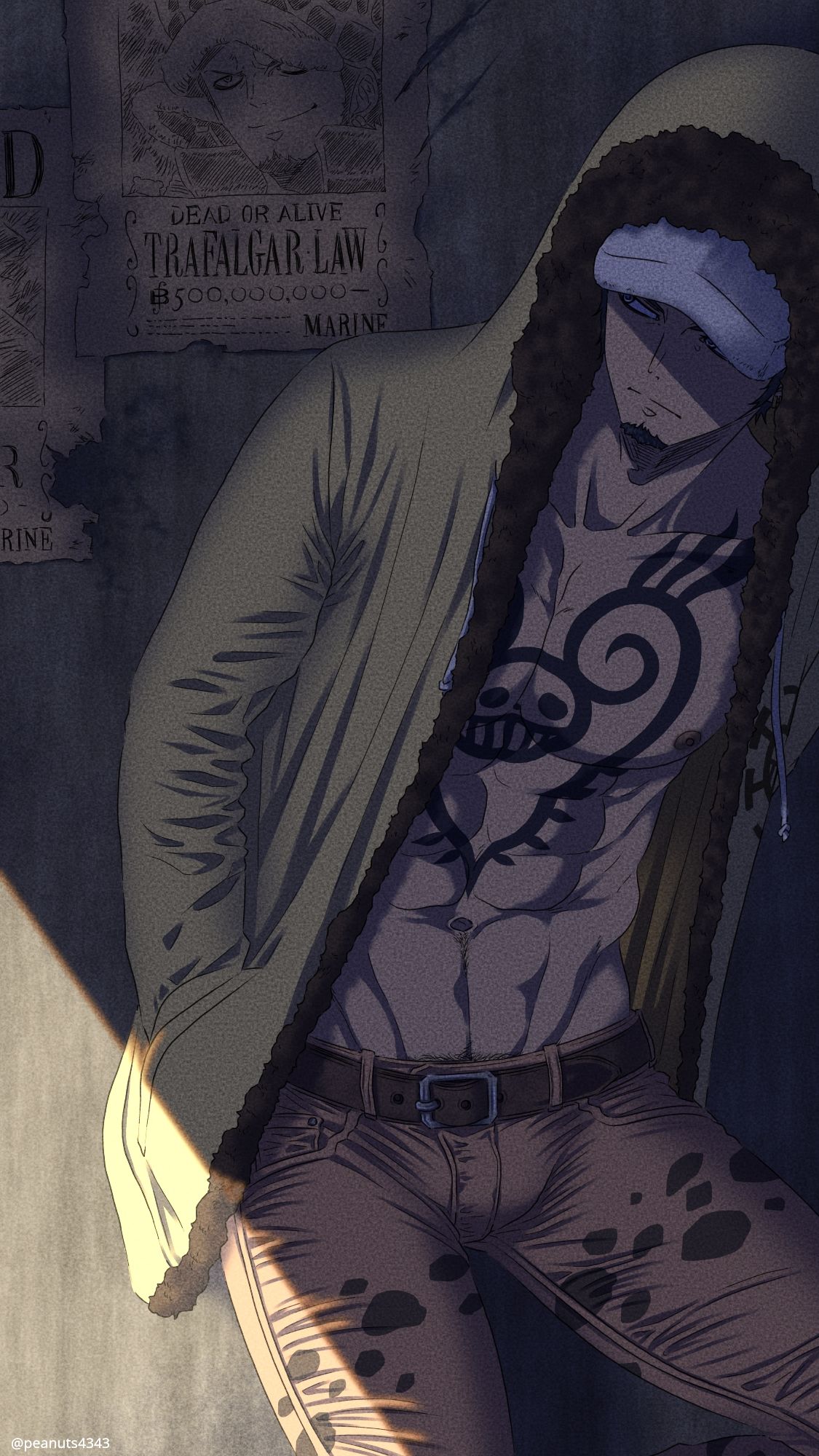 1boy, abs, bare_pecs, black_eyes, black_hair, chest_tattoo, cowboy_shot, denim