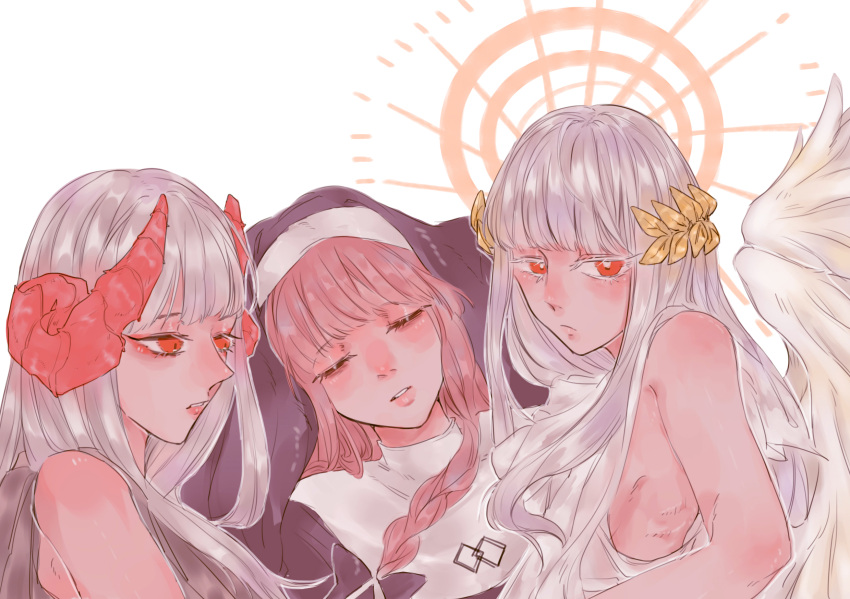 3girls, angel_and_devil, asana_(forever_7th_capital), breasts, closed_eyes, demon_horns, forever_7th_capital, habit