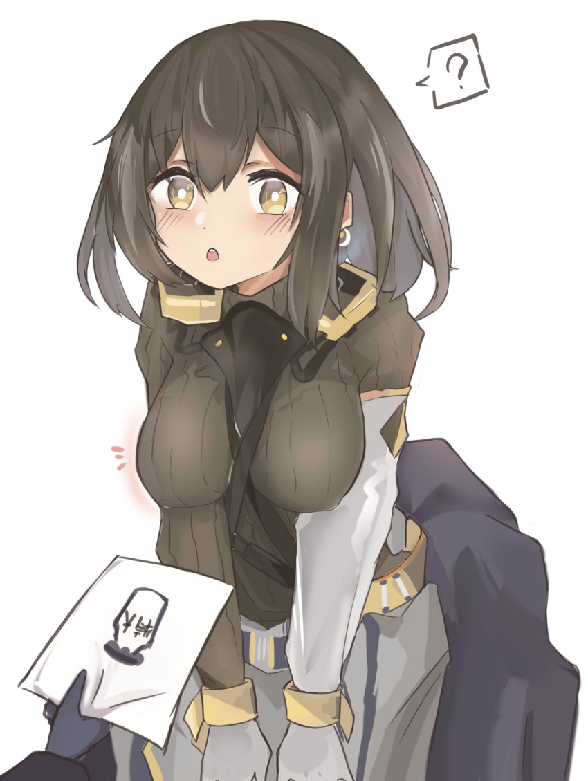 1girl, :o, ?, arknights, beak_mask, bent_over, between_breasts, blush