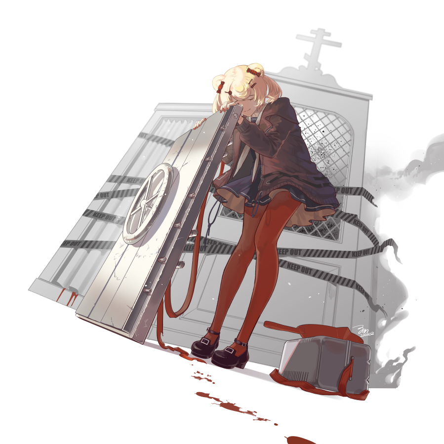 1girl, animal_ears, arknights, bank_vault, bear_ears, black_jacket, blonde_hair, blood, blue_skirt, caution_tape, choki, closed_eyes, commentary, door, frying_pan, gummy_(arknights), hair_ornament, hair_ribbon, hairclip, holding, jacket, keep_out, long_sleeves, mary_janes, orange_legwear, pantyhose, puffy_long_sleeves, puffy_sleeves, pumps, red_eyes, ribbon, sailor_collar, sailor_shirt, shield, shirt, shoes, skirt, smile, smoke, solo, white_background, white_sailor_collar