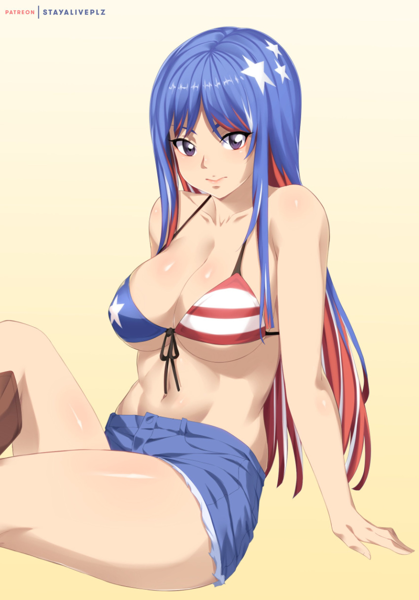 1girl, absurdres, american_flag_bikini, animal_ears, artist_name, beige_background, bikini, bikini_top