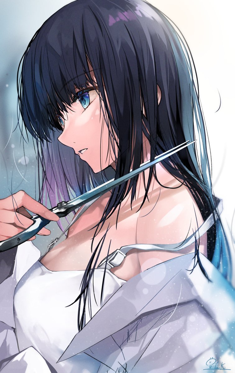 1girl, black_hair, blue_eyes, bra_strap, breasts, cutting_hair, cutting_own_hair, eyebrows_visible_through_hair