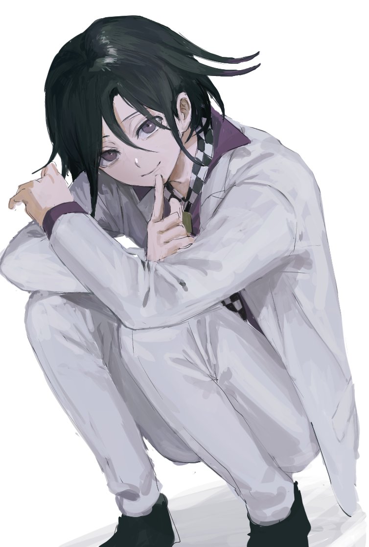 1boy, ako_(td110349-7517), bangs, black_footwear, black_hair, checkered, checkered_neckwear, closed_mouth