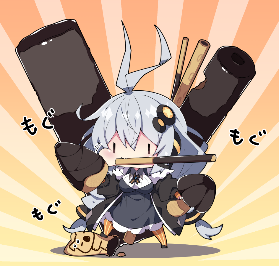 1girl, antenna_hair, bangs, black_jacket, breasts, brown_eyes, chibi, chocolate