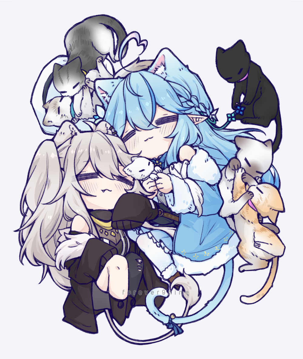 2girls, =_=, ahoge, animal_ear_fluff, animal_ears, black_jacket, blue_hair, blue_jacket