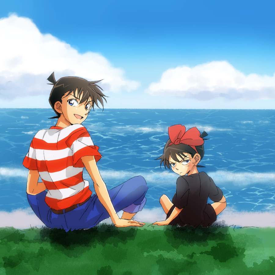 2boys, :d, annoyed, arm_support, bangs, belt, black_dress, blue_eyes