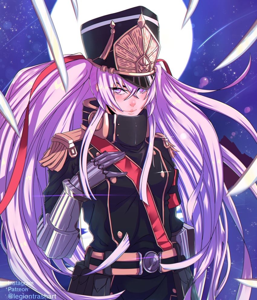 1girl, absurdres, altair_(re:creators), artist_name, belt, black_headwear, breasts, floating_hair