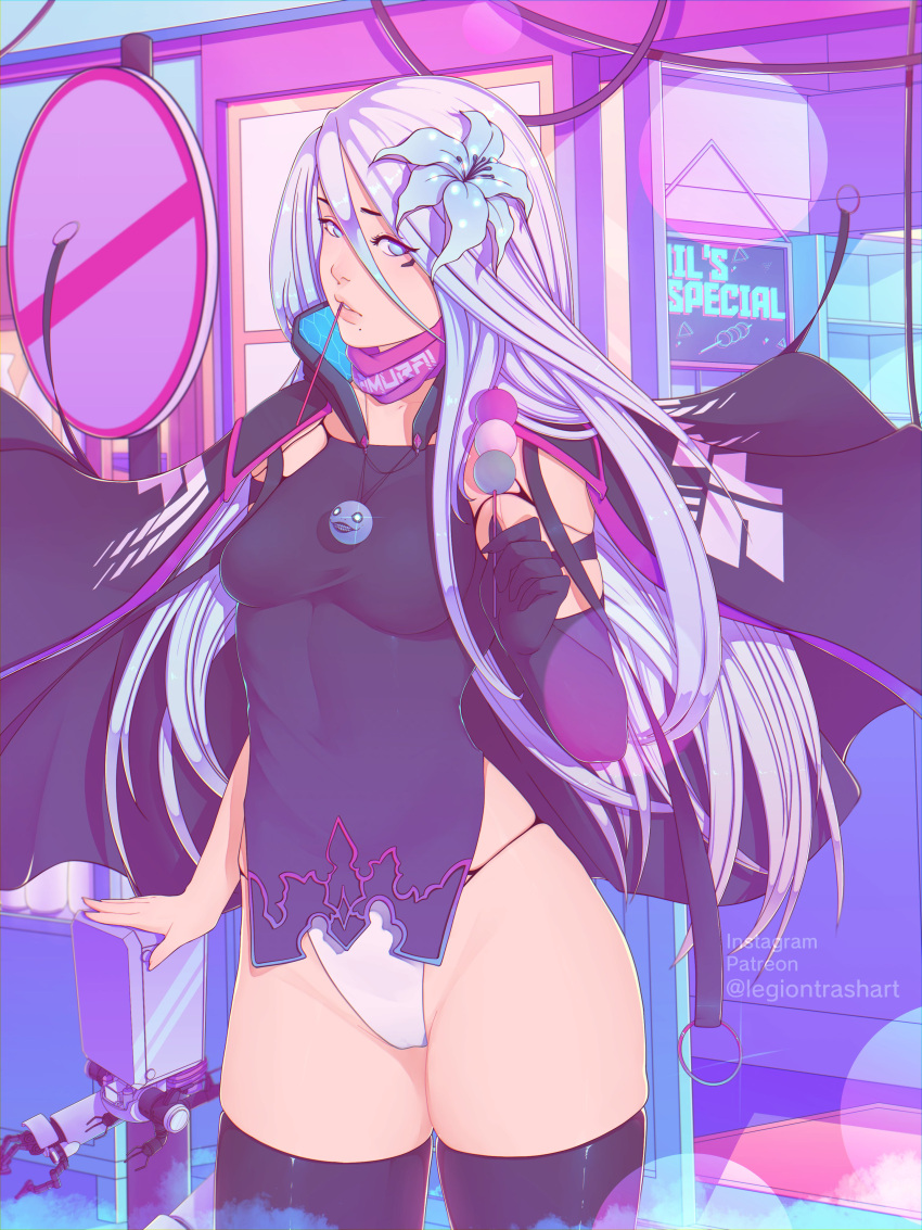 1girl, absurdres, adapted_costume, bikini, bikini_bottom, blue_eyes, blue_flower, blue_hair