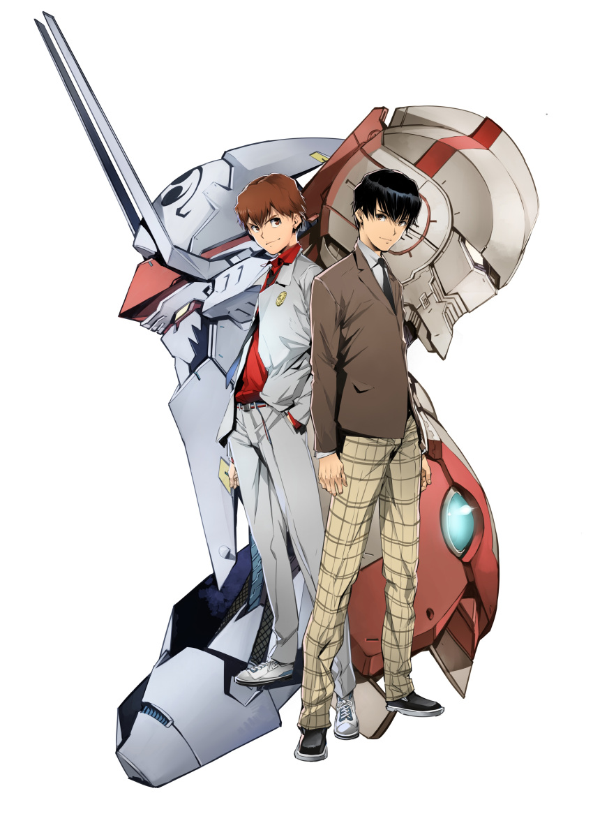 2boys, absurdres, blazer, brown_eyes, brown_jacket, collared_shirt, crossover, grey_pants