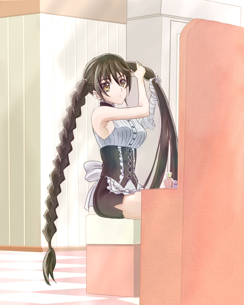 1girl, adjusting_hair, apron, back_bow, bandaged_arm, bandages, bangs, black_hair, black_skirt, bow, braid, braiding_hair, breasts, bustier, closed_mouth, dress_shirt, eyebrows_visible_through_hair, floating_hair, frown, hair_between_eyes, highres, kuronuma, large_breasts, long_hair, miniskirt, pencil_skirt, shirt, sitting, skirt, sleeveless, sleeveless_shirt, solo, tales_of_(series), tales_of_berseria, twin_braids, tying_hair, velvet_crowe, very_long_hair, waist_apron, waitress, white_apron, white_bow, white_shirt, yellow_eyes