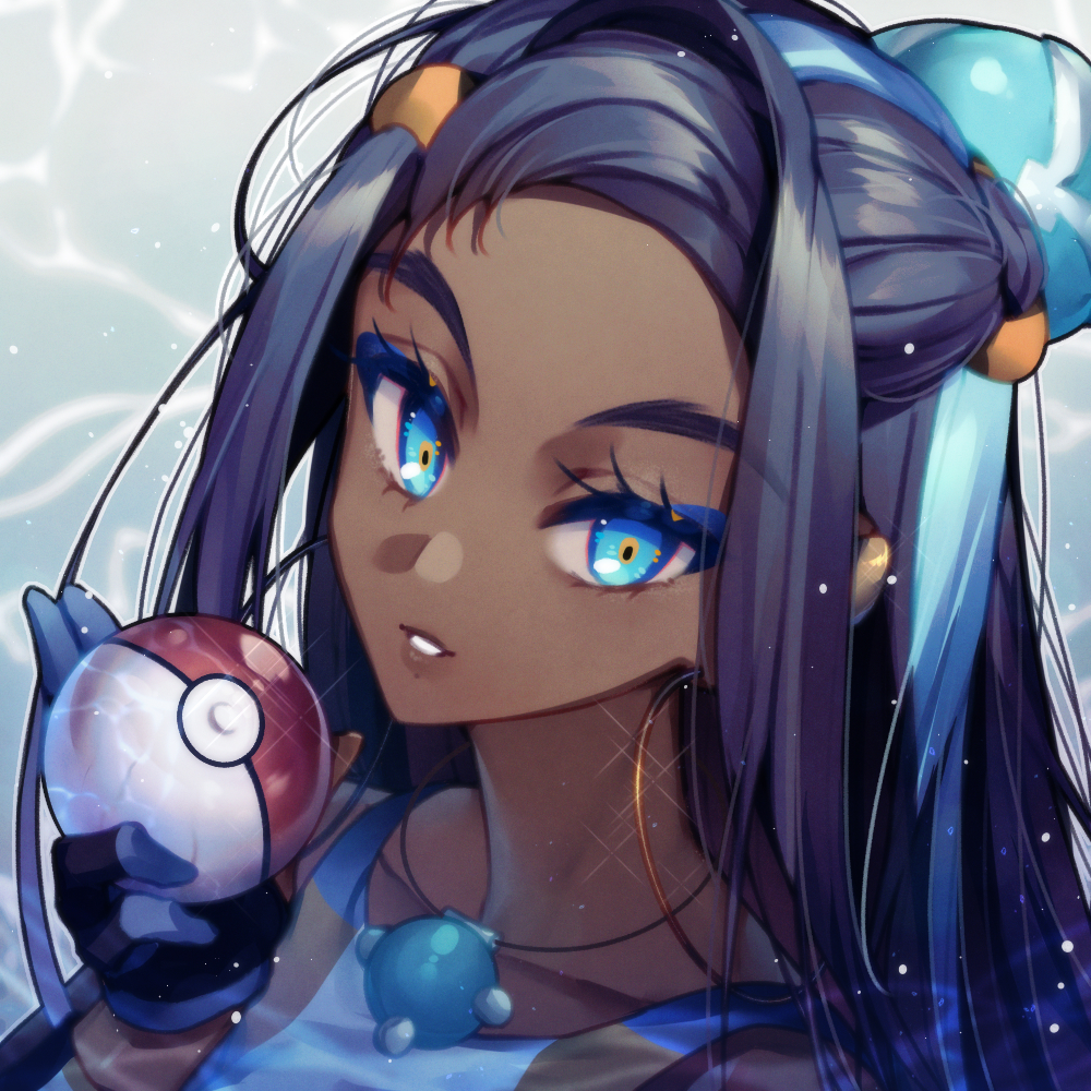 1girl, black_hair, blue_eyes, blue_hair, collarbone, dark_skin, dark-skinned_female, gloves