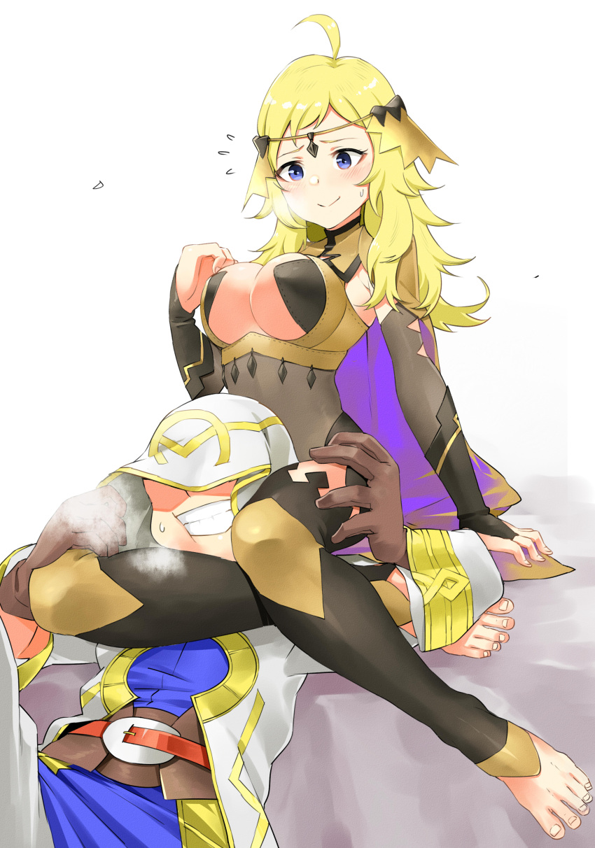 1boy, 1girl, absurdres, ahoge, bangs, barefoot, blonde_hair, blue_eyes
