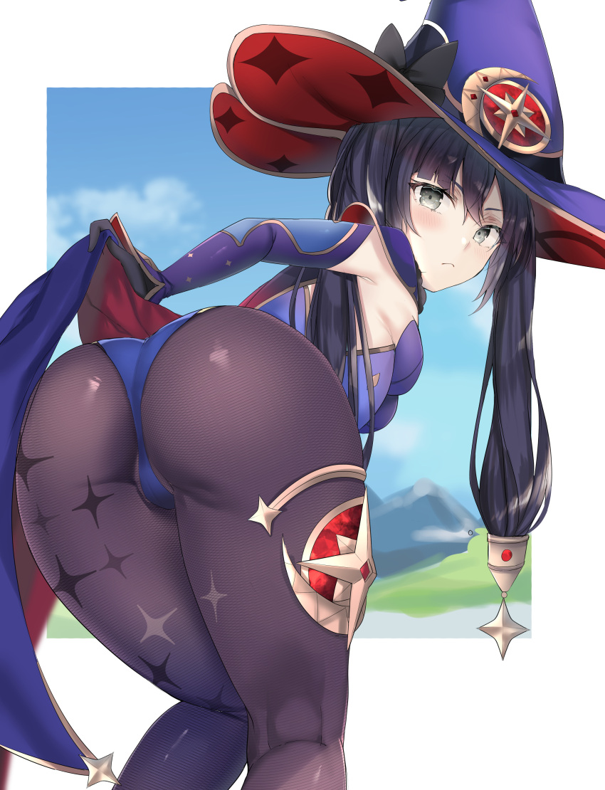 1girl, absurdres, aqua_eyes, ass, back, bangs, bare_shoulders, bent_over