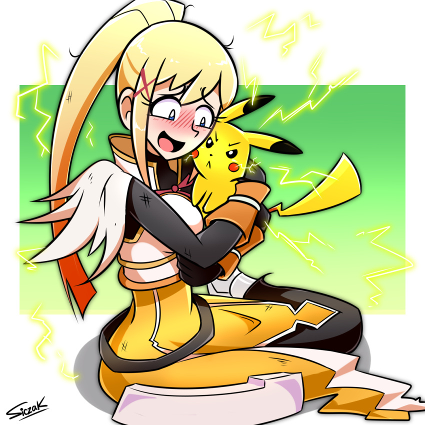 1girl, angry, armor, armored_dress, blonde_hair, blue_eyes, blush, crossover