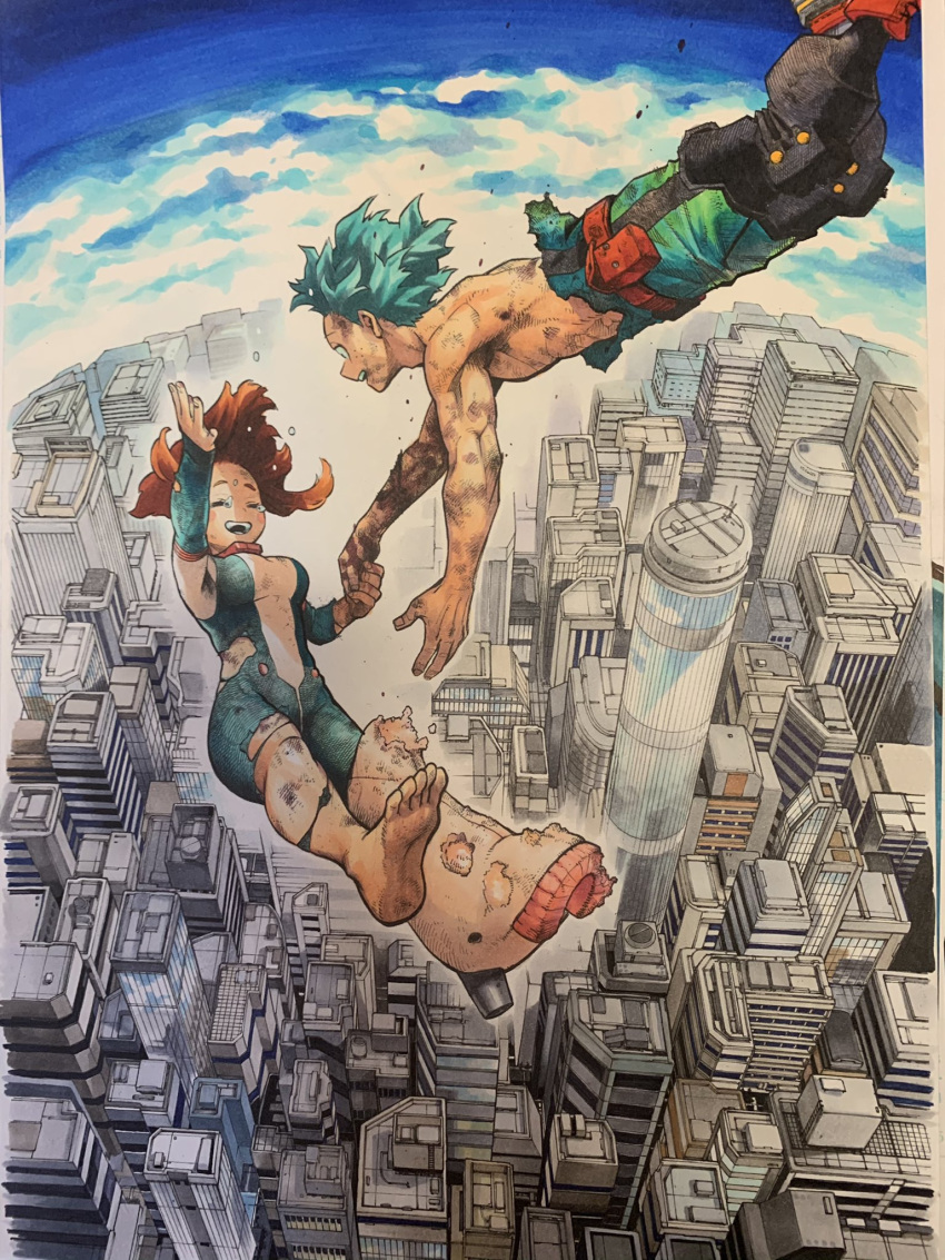 1boy, 1girl, aqua_hair, barefoot, belt, belt_pouch, black_jumpsuit, blush_stickers, bodysuit, boku_no_hero_academia, boots, brown_hair, building, city, closed_eyes, clouds, commentary_request, crying, damaged, dirty, falling, freckles, green_jumpsuit, highres, holding_hands, horikoshi_kouhei, looking_at_another, midoriya_izuku, midriff_peek, official_art, open_mouth, pink_footwear, pink_jumpsuit, pouch, raised_eyebrows, reaching_out, red_belt, shirtless, shoes, short_hair, single_shoe, sky, skyscraper, smile, tears, torn_bodysuit, torn_clothes, torn_jumpsuit, upper_teeth, uraraka_ochako, wind