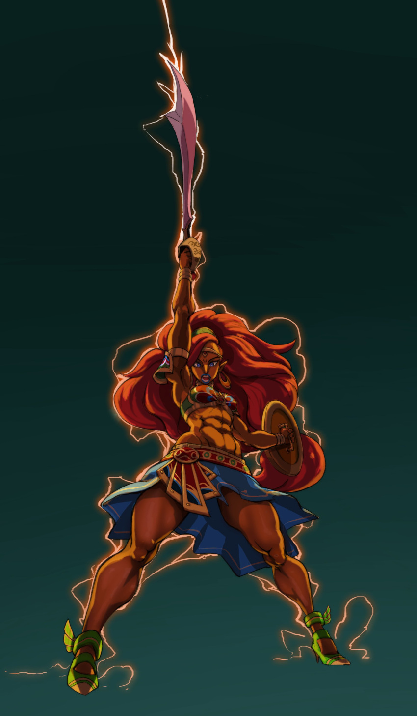 1girl, abs, absurdres, arm_up, armlet, armor, armpits, biceps, big.boss.requiem, big_hair, bikini_armor, blue_eyes, blue_lips, blue_skirt, breasts, circlet, commentary, earrings, electricity, english_commentary, facing_viewer, full_body, gerudo, green_background, green_footwear, high_heels, highres, holding, holding_shield, holding_sword, holding_weapon, hoop_earrings, hyrule_warriors:_age_of_calamity, jewelry, legs_apart, lipstick, long_hair, long_nose, makeup, masters_of_the_universe, medium_breasts, muscular, muscular_female, navel, neck_ring, parody, pose, powering_up, redhead, shield, shouting, skirt, solo, standing, stiletto_heels, swimsuit, sword, sword_of_power, the_legend_of_zelda, the_legend_of_zelda:_breath_of_the_wild, thick_thighs, thighs, urbosa, weapon