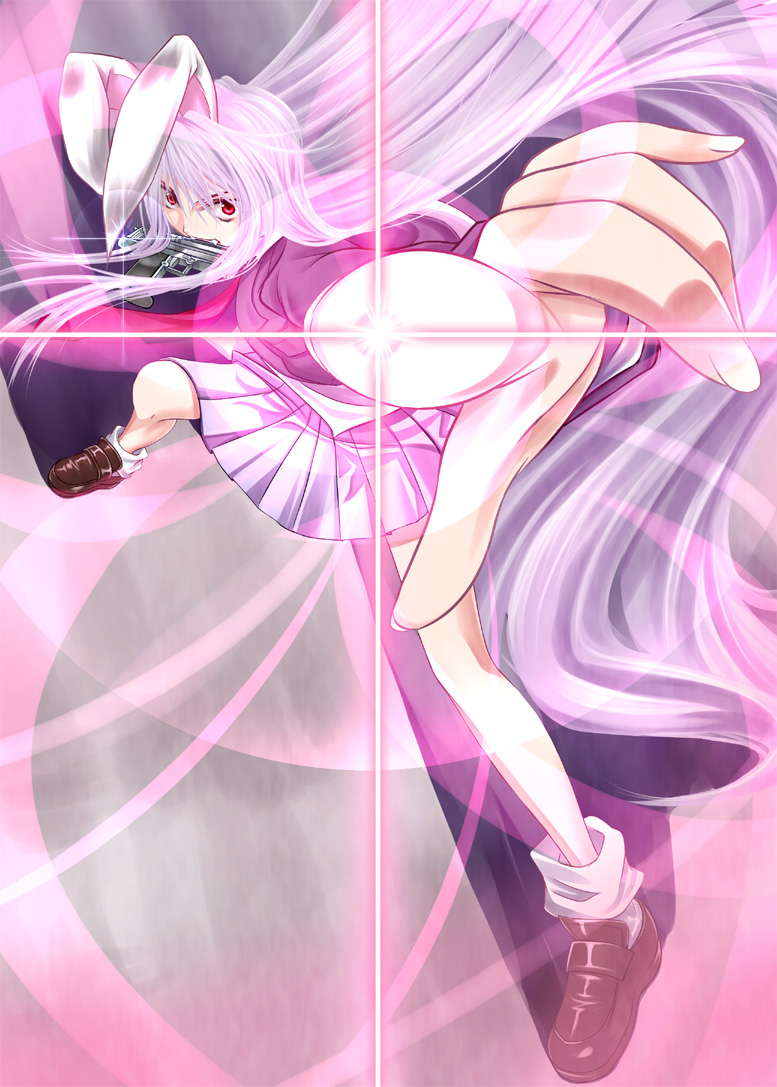blazer, bunny_ears, foreshortening, gun, kuga, kuga_(rinkane), long_hair, mouth_hold