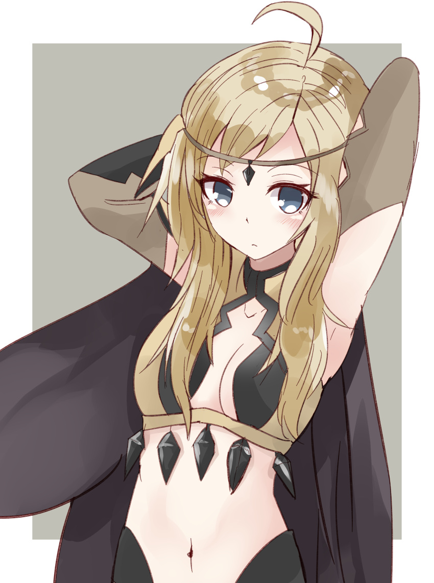 1girl, absurdres, bangs, blonde_hair, breasts, bridal_gauntlets, cape, circlet