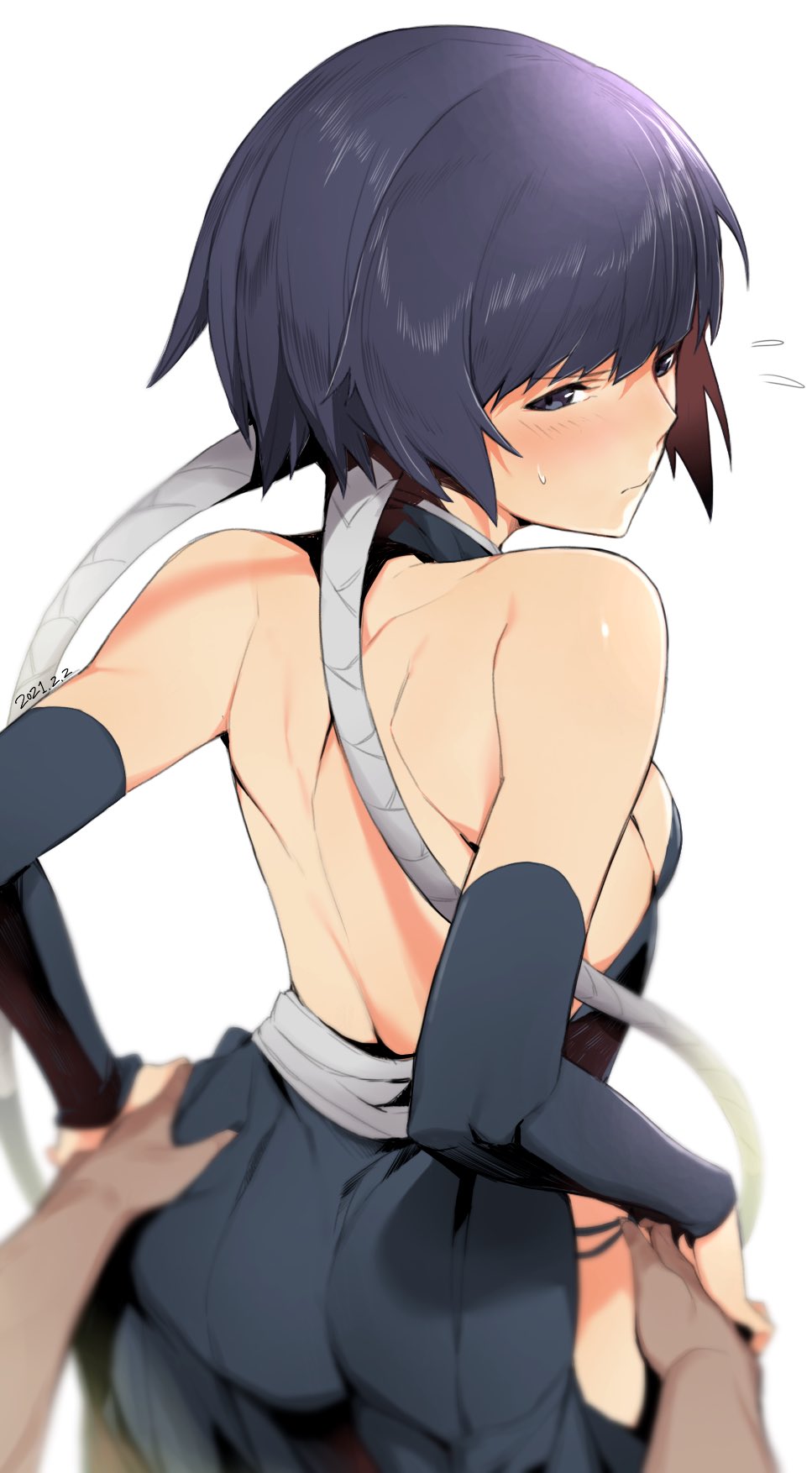 1girl, back, black_eyes, black_hair, bleach, blush, breasts, closed_mouth