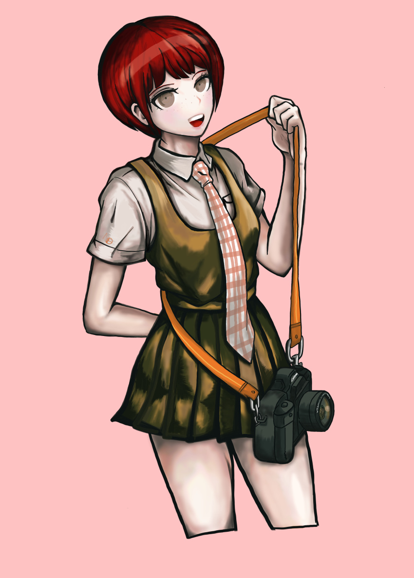 1girl, :d, absurdres, arm_behind_back, bangs, brown_eyes, camera, commentary