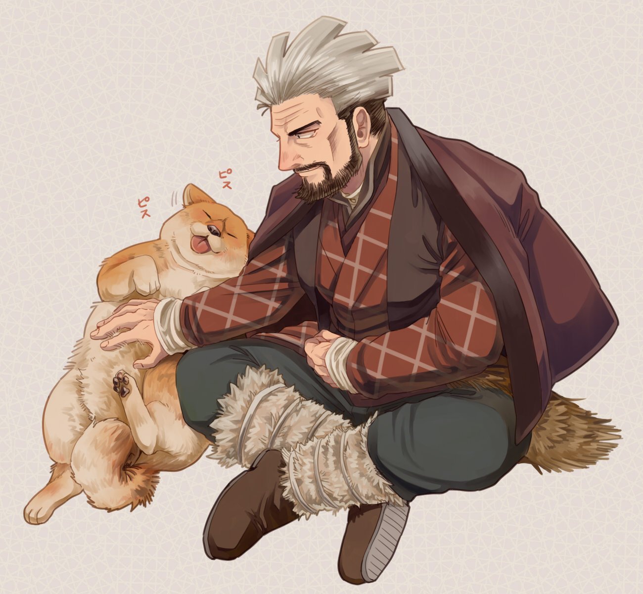 1boy, beard, black_hair, brown_footwear, cheekbones, coat, facial_hair, full_body