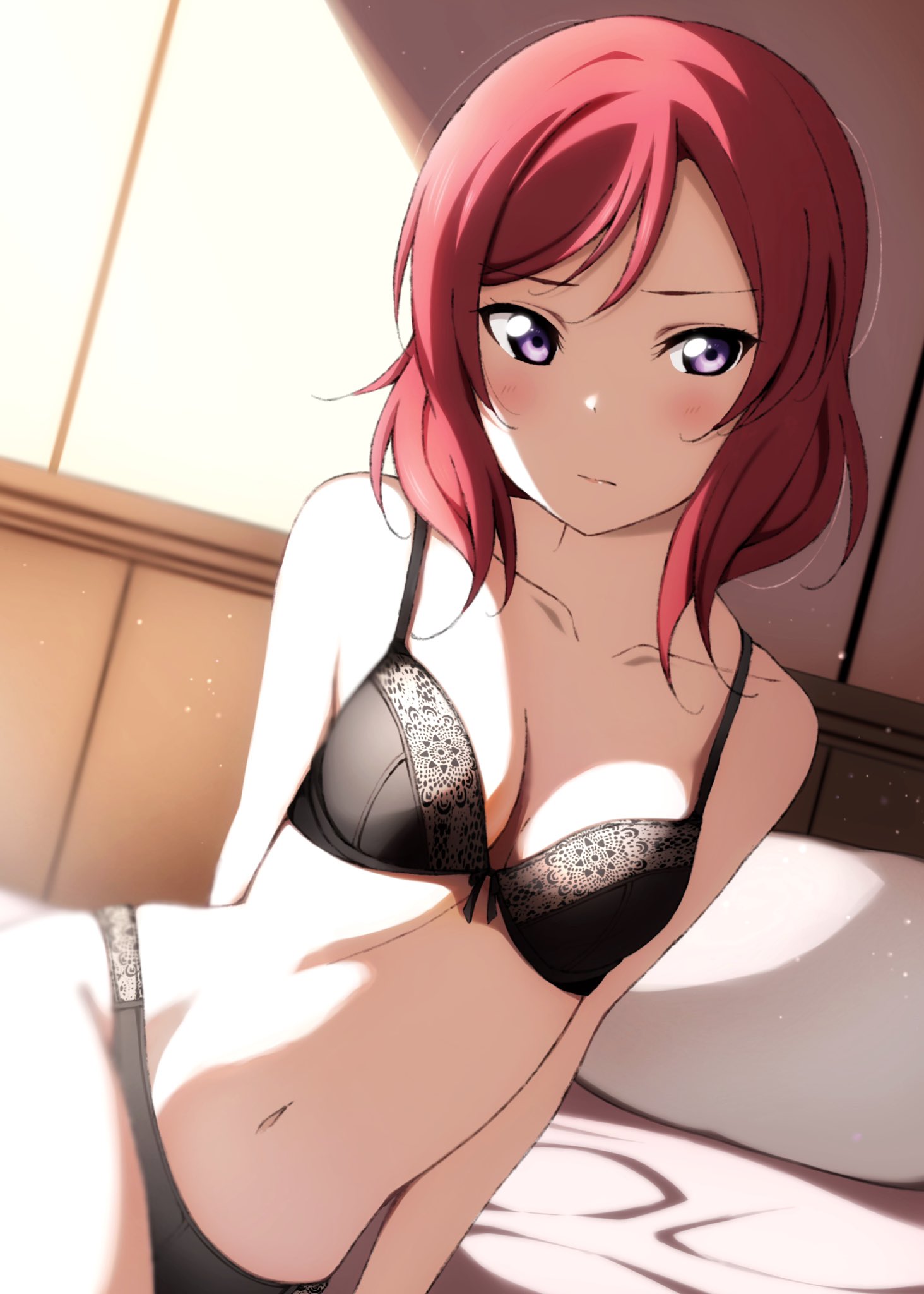 1girl, arm_behind_back, bangs, bare_shoulders, black_bra, black_panties, bra, breasts, closed_mouth, collarbone, commentary, day, eyebrows_visible_through_hair, highres, indoors, looking_at_viewer, love_live!, love_live!_school_idol_project, medium_hair, navel, nishikino_maki, on_bed, panties, pillow, redhead, reno_0901, shadow, solo, sunlight, swept_bangs, underwear, underwear_only, violet_eyes