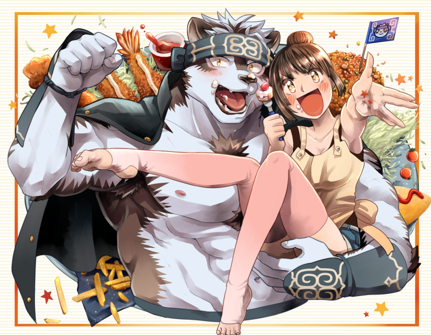 1boy, 1girl, abs, ainu_clothes, alternate_costume, alternate_hairstyle, animal_ears, bare_pecs, blush, brown_hair, carrying, chest_hair, cropped_torso, denim, denim_shorts, food, food_on_face, food_request, french_fries, furry, gakuran, grey_fur, grey_hair, headband, hetero, highres, horkeu_kamui_(tokyo_houkago_summoners), jacket, jacket_on_shoulders, large_pectorals, long_hair, master_2_(tokyo_houkago_summoners), muscular, muscular_male, navel, nipples, princess_carry, revealing_clothes, school_uniform, short_hair, shorts, silver_hair, stomach, sumi_wo_hakuneko, tail, tokyo_houkago_summoners, two-tone_fur, vambraces, white_fur, wolf_boy, wolf_ears, wolf_tail, yellow_eyes