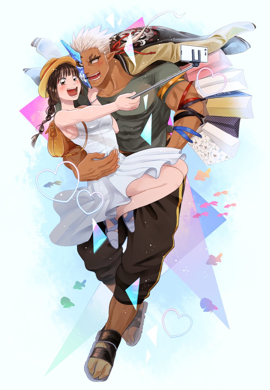 1girl, black_shirt, blush, brown_hair, carrying, couple, dark_skin, dark_skinned_male