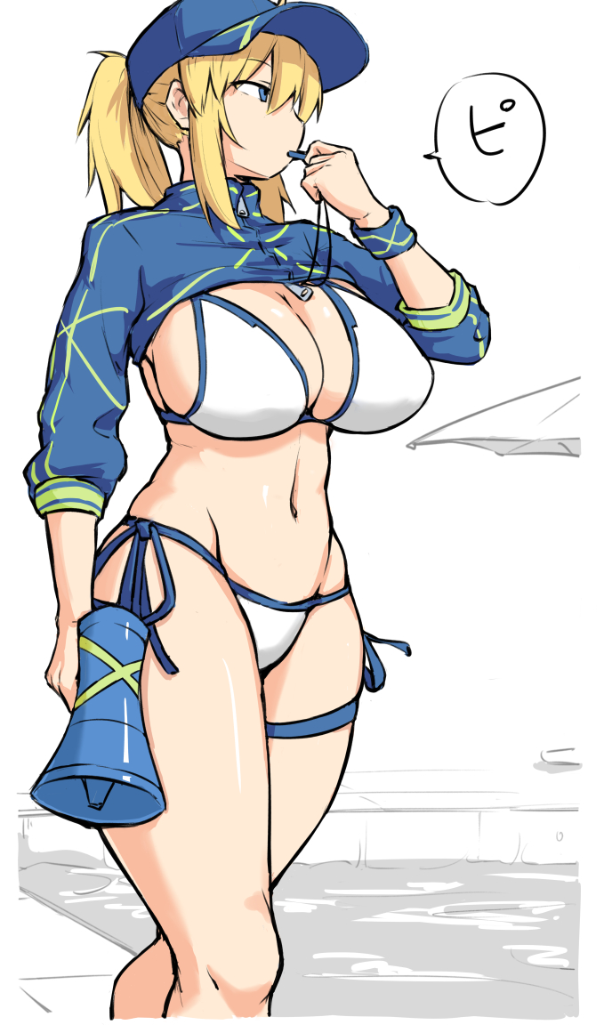 1girl, artoria_pendragon_(all), baseball_cap, bikini, blonde_hair, blue_headwear, breasts, commentary_request