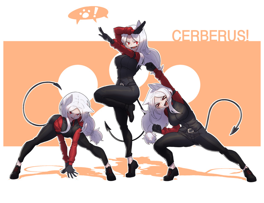 !, >_<, 3girls, animal_ears, arm_garter, arm_up, arms_up, black_footwear, black_gloves, black_neckwear, black_pants, black_vest, cerberus_(helltaker), character_name, closed_eyes, commentary, demon_girl, demon_tail, dog_ears, dog_girl, english_commentary, fighting_stance, gintm, gloves, helltaker, highres, leaning_forward, leaning_to_the_side, leg_up, long_hair, long_sleeves, looking_at_viewer, low-tied_long_hair, multiple_girls, necktie, open_mouth, outline, pants, pose, red_eyes, red_shirt, revision, shadow, shirt, shoes, siblings, sisters, smile, smirk, speech_bubble, spoken_exclamation_mark, spoken_paw, standing, standing_on_one_leg, tail, triplets, vest, waistcoat, white_hair, white_outline
