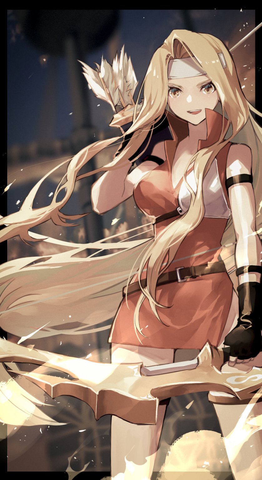 1girl, absurdly_long_hair, arrow_(projectile), belt, blonde_hair, bow_(weapon), brigid_(fire_emblem), commission