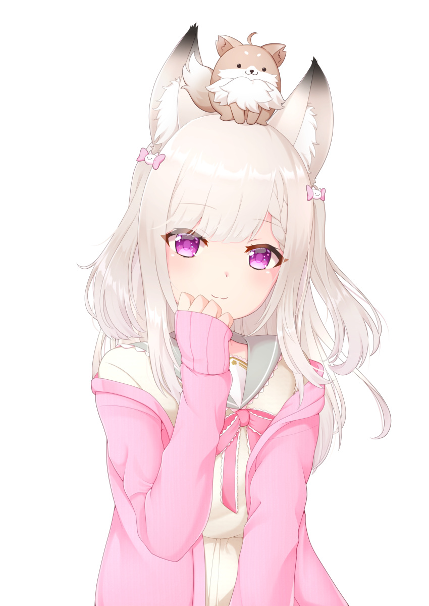 1girl, :3, absurdres, animal, animal_ears, animal_on_head, animare, bow