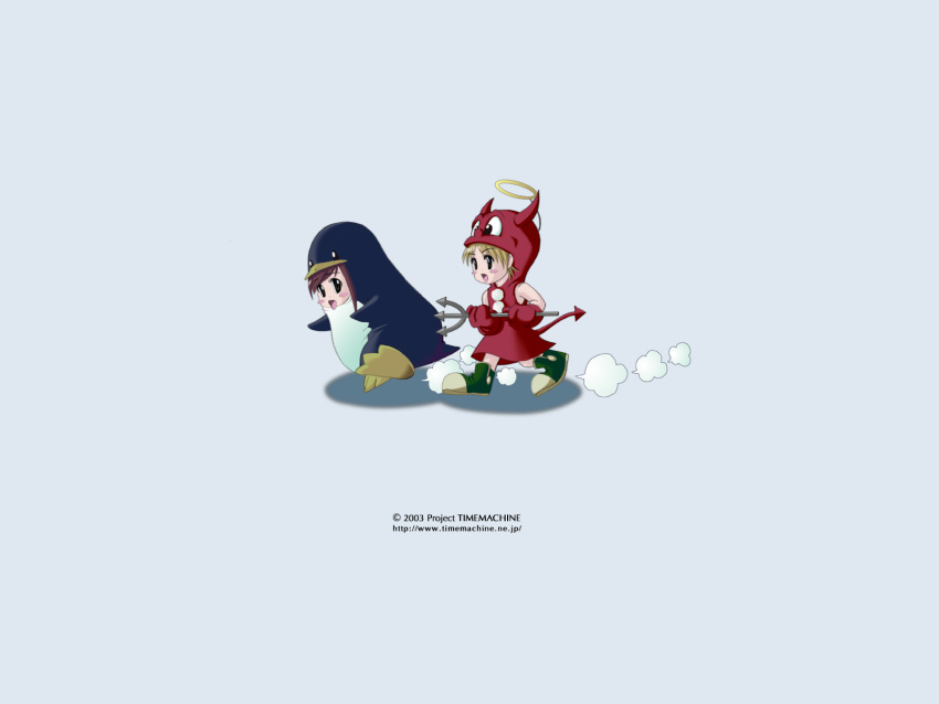 2003, 2girls, beastie_(bsd), blonde_hair, blush_stickers, brown_hair, bsd, chibi, cute, demon_horns, demon_tail, eyebrows_visible_through_hair, halo, humanization, linux, open_mouth, os-tan, personification, simple_background, sneakers, tagme, tux, white_background