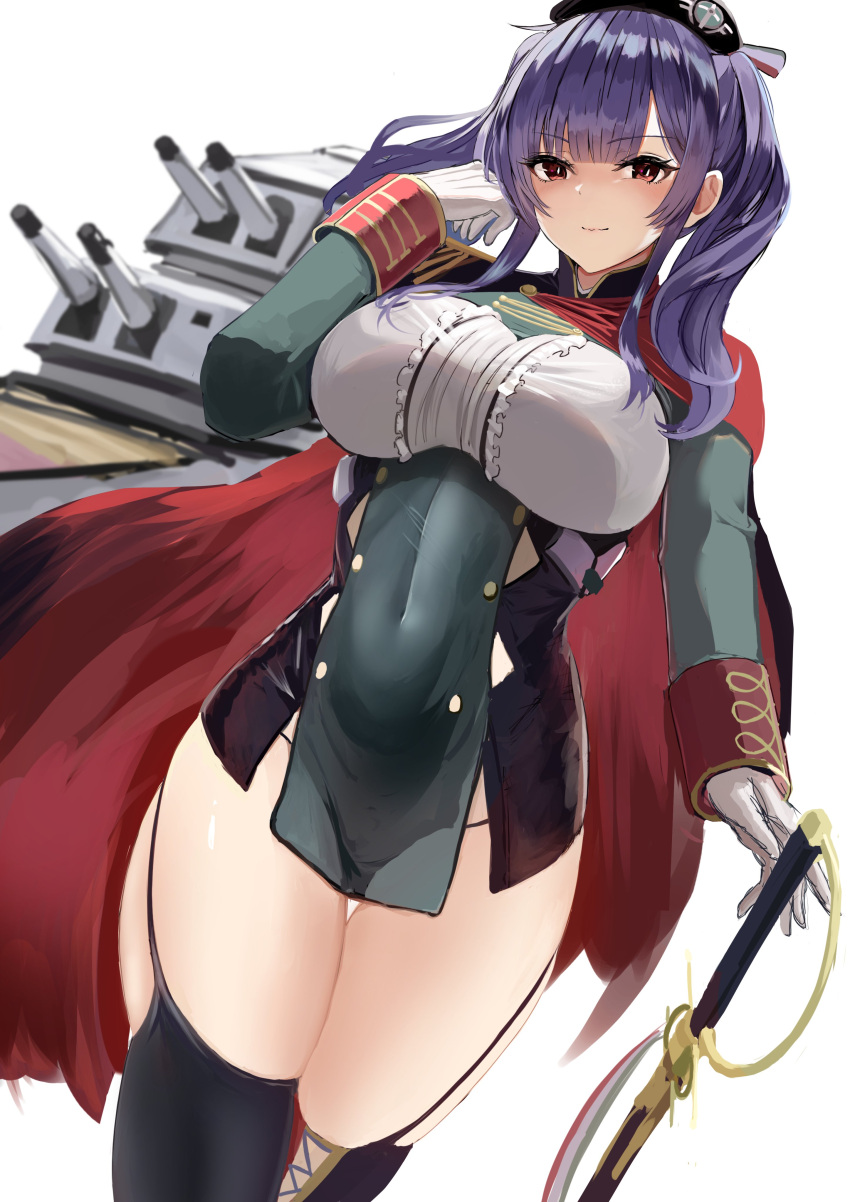 1girl, absurdres, azur_lane, bangs, beret, black_headwear, black_legwear, bra_through_clothes