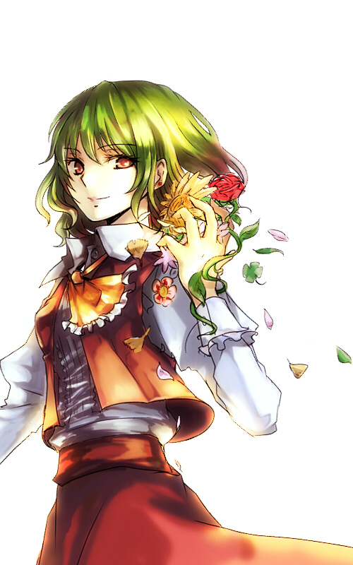flower, green_hair, holding, holding_flower, kazami_yuuka, light_smile, mitsu, petals