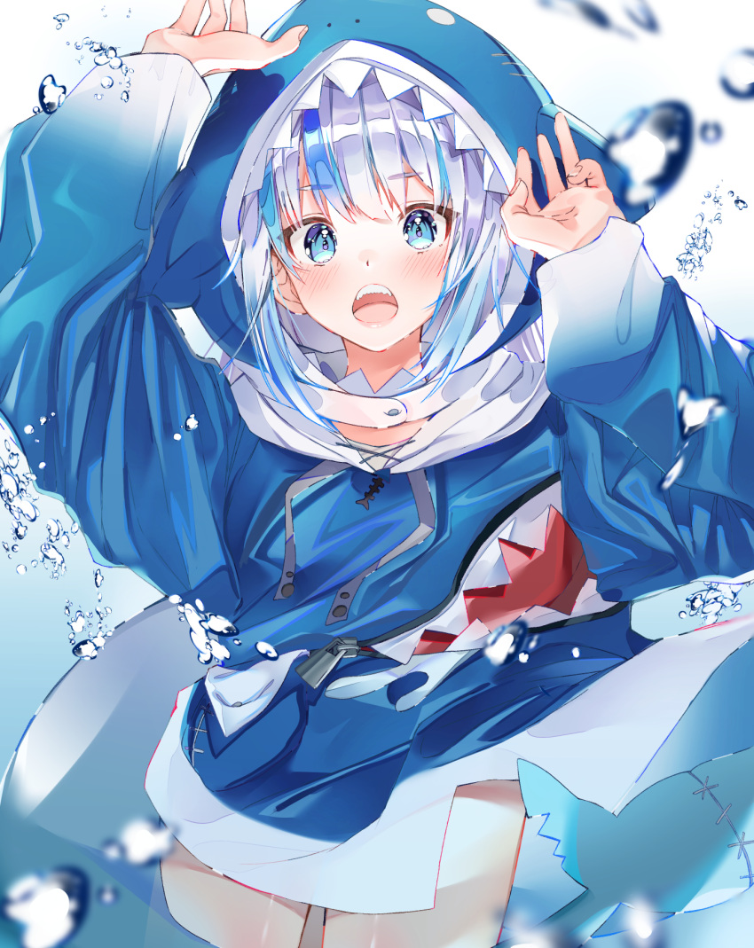1girl, animal_hood, bangs, blue_eyes, blue_hair, blue_hoodie, blush, commentary_request