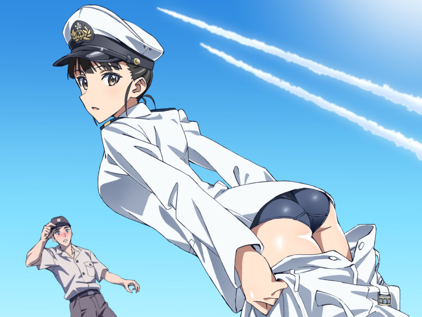 1boy, 1girl, ass, black_eyes, black_hair, black_swimsuit, blue_sky, condensation_trail, crotch_seam, dutch_angle, epaulettes, eyebrows_visible_through_hair, from_behind, hat, highres, jacket, kogarashi51, looking_at_viewer, looking_back, military, military_hat, military_uniform, pants, pants_pull, peaked_cap, pulled_by_self, sakamoto_mio, sky, standing, strike_witches, swimsuit, swimsuit_under_clothes, uniform, white_headwear, white_jacket, white_pants, world_witches_series