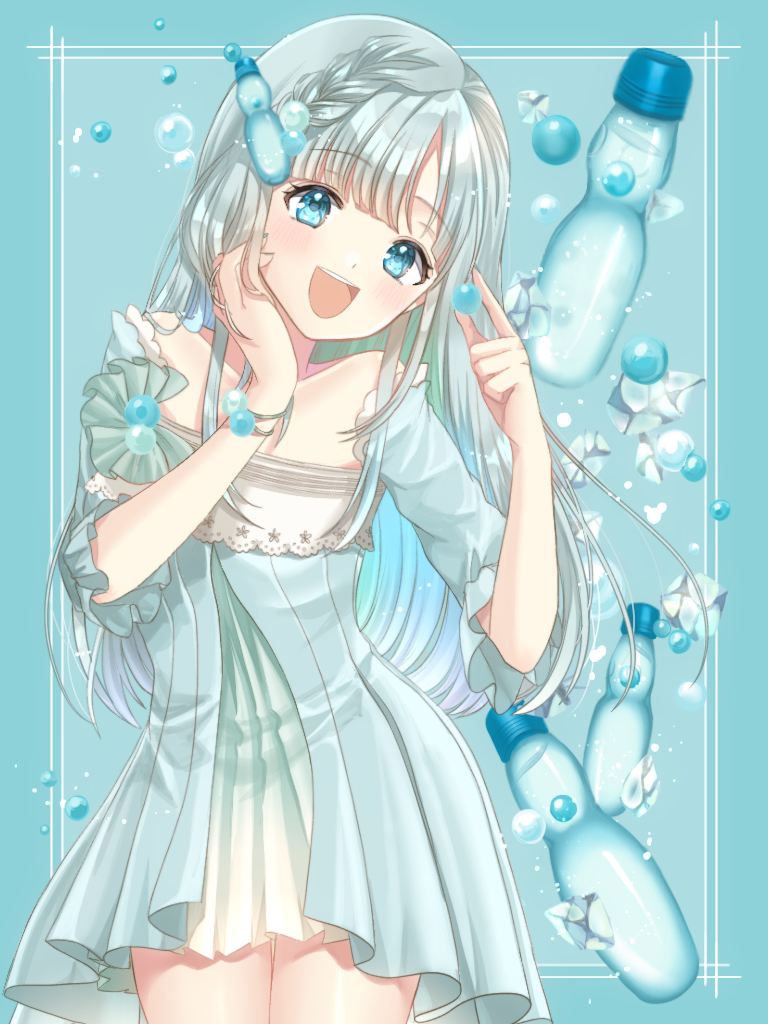 1girl, :d, arms_up, blue_background, blue_dress, blue_eyes, bottle, bottle_hair_ornament, bracelet, braid, commentary, contrapposto, cowboy_shot, detached_sleeves, dress, hand_on_own_face, head_tilt, ice, jewelry, konpeito1025, layered_dress, long_hair, looking_at_viewer, marble, open_mouth, original, ramune, short_dress, short_sleeves, side_braid, silver_hair, smile, standing, sundress, upper_teeth, very_long_hair