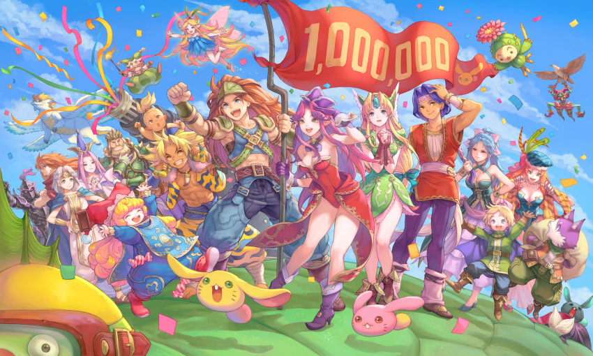 6+boys, 6+girls, absurdres, angela_(seiken_densetsu_3), blue_sky, charlotte_(seiken_densetsu_3), confetti, deathjester, duran_(seiken_densetsu_3), everyone, faerie_(seiken_densetsu_3), flag, flammie, haccan, hawkeye_(seiken_densetsu_3), heath_(seiken_densetsu_3), highres, isabella_(seiken_densetsu_3), jessica_(seiken_densetsu_3), kevin_(seiken_densetsu_3), leotard, milestone_celebration, multiple_boys, multiple_girls, muscular, official_art, open_mouth, rabite, riesz, seiken_densetsu, seiken_densetsu_3, sky, smile, square_enix, standing, valda_(seiken_densetsu_3)