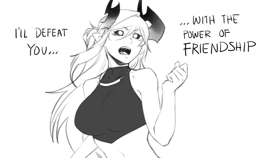 ..., 1girl, aiko_(less), bare_shoulders, black_sclera, breasts, colored_sclera, demon_girl