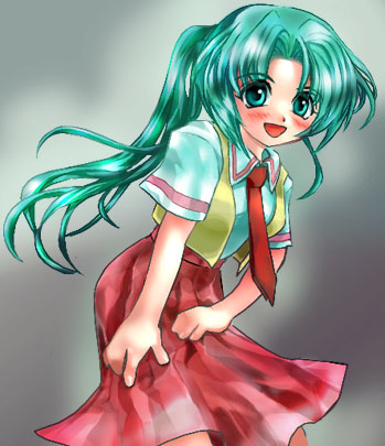 1girl, :d, collared_shirt, green_eyes, green_hair, higurashi_no_naku_koro_ni, holding, holding_clothes