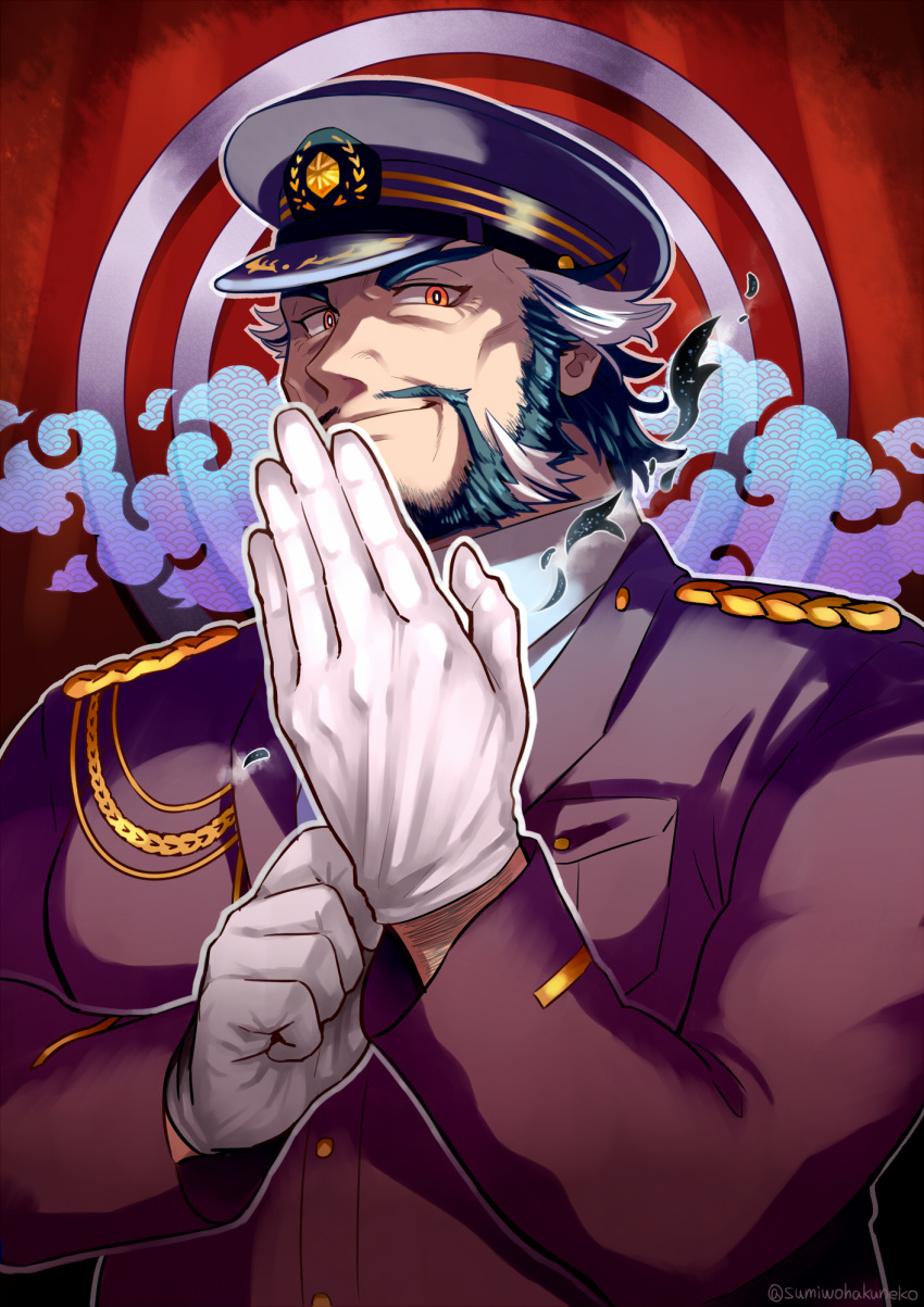 1boy, adjusting_clothes, adjusting_gloves, artist_name, beard, black_hair, clouds, daikoku_(tokyo_houkago_summoners)