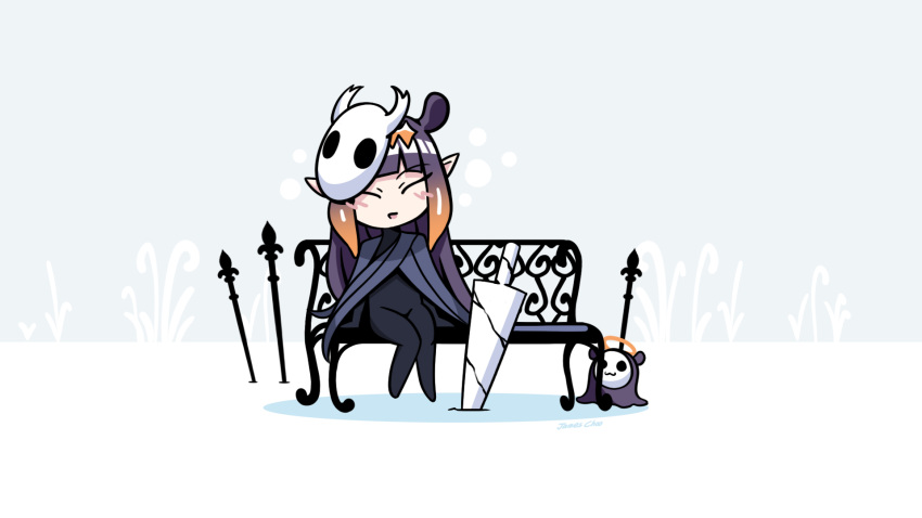 1girl, artist_name, bangs, bench, blush, bodysuit, cloak, commentary