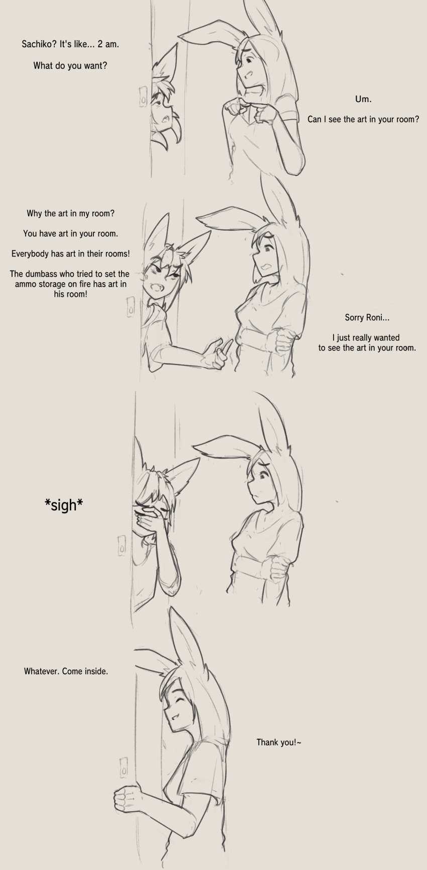 2girls, absurdres, animal_ears, annoyed, breasts, commentary, doorway, english_commentary, english_text, eyebrows_visible_through_hair, facepalm, fox_ears, gameplay_mechanics, highres, kurin_(rimworld), medium_breasts, multiple_girls, open_mouth, profanity, rabbie_(rimworld), rabbit_ears, rimworld, shirt, short_hair, short_sleeves, shuuko_(s_h_uuko), shy, simple_background, sketch, smile, t-shirt