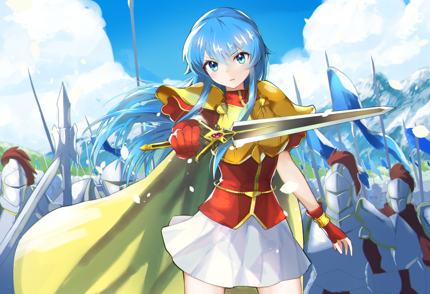 1girl, aqua_hair, armor, blue_eyes, blue_sky, breastplate, eirika_(fire_emblem), fingerless_gloves