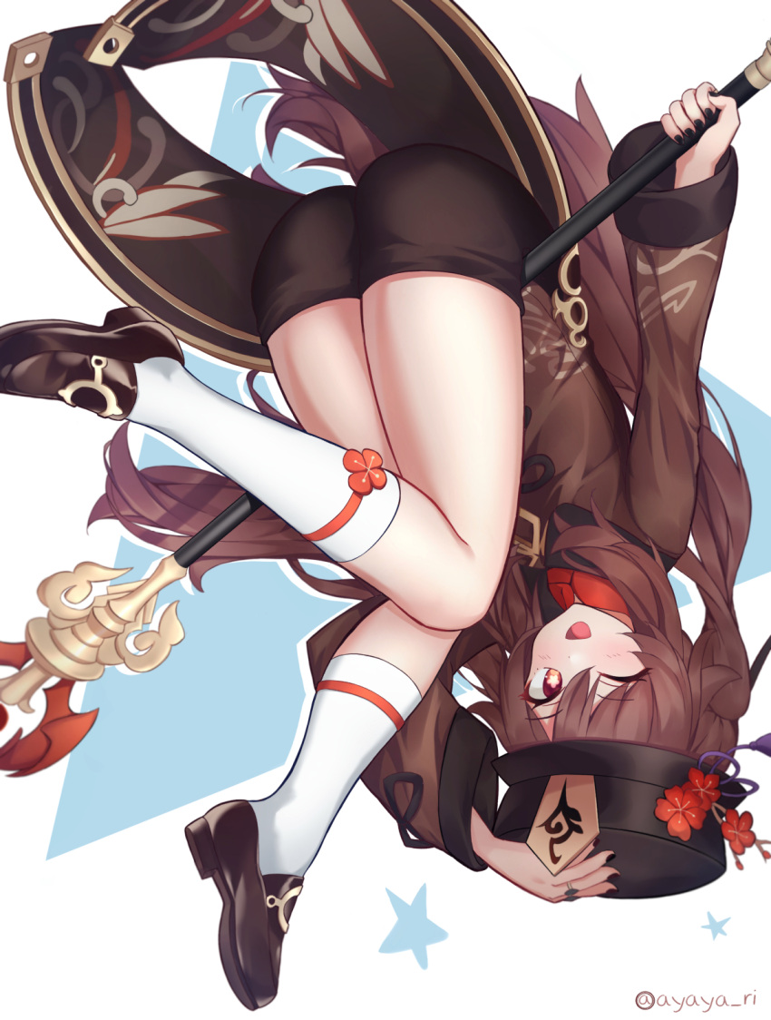 1girl, ass, ayaya_(ayaya_ri), black_headwear, black_nails, black_shorts, blush, brown_hair