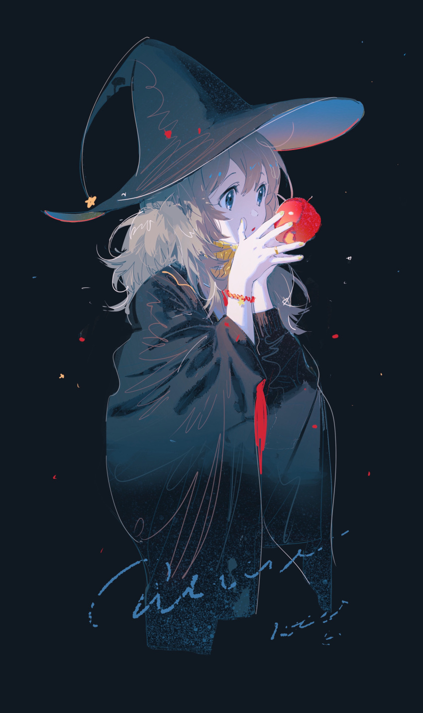 1girl, absurdres, apple, black_background, black_headwear, blue_eyes, bracelet, food
