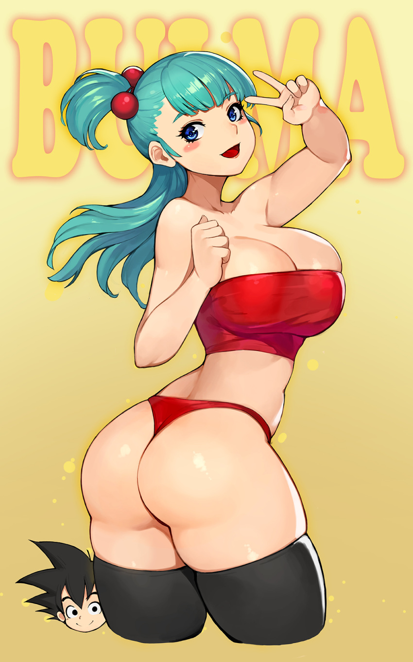 1boy, 1girl, ass, black_hair, black_legwear, blue_eyes, blue_hair, blush