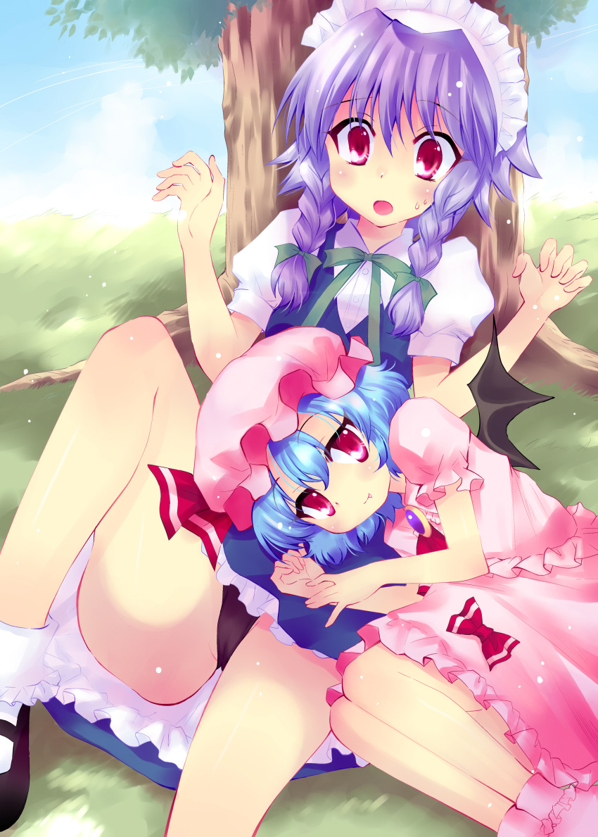 absurdres, aya_ojo, bat_wings, black_panties, blue_hair, braid, fang, hat