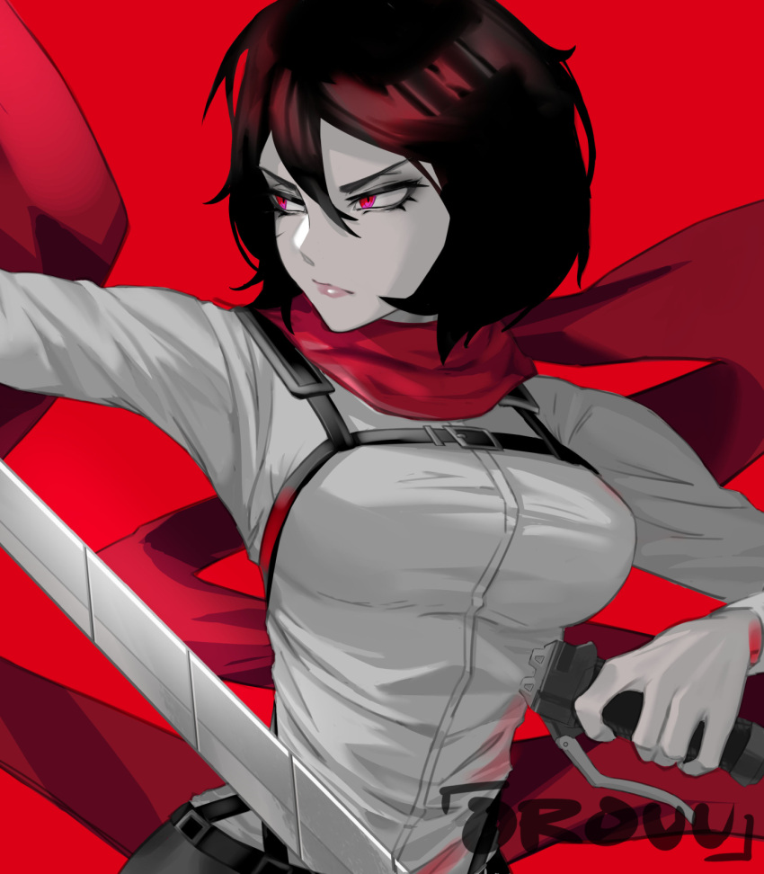 1girl, black_hair, breasts, highres, holding, holding_sword, holding_weapon, large_breasts